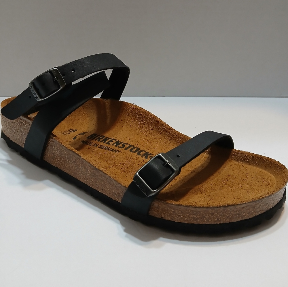 Birkenstock "Daloa" Black Leather and Cork Sandals with Dual Buckle Straps